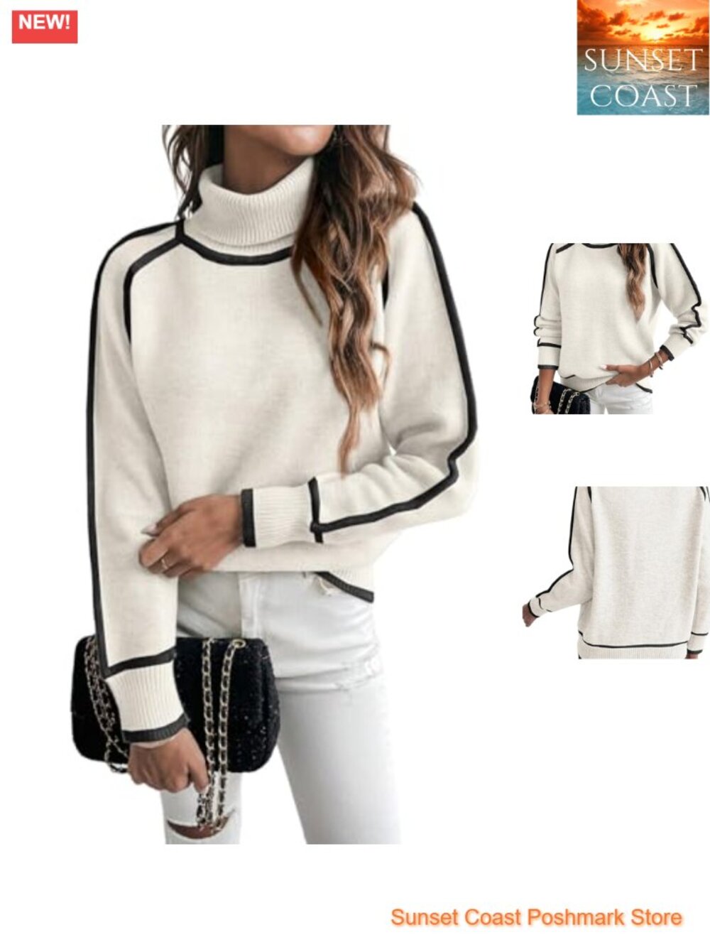 Evaless Womens Turtleneck Sweater Color Block Loose Fit Knit Pullover